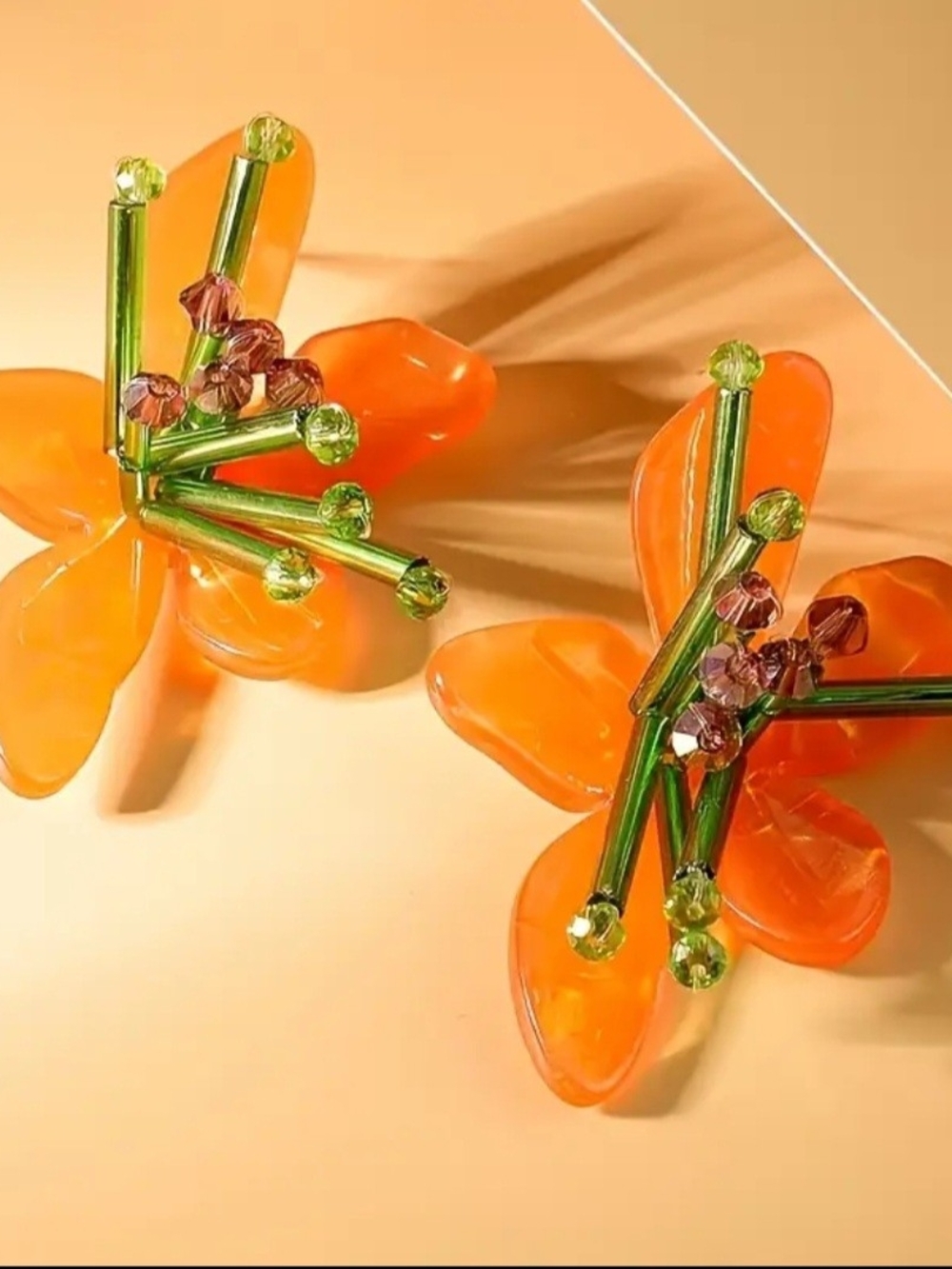 Bohemian Glass Acrylic Orange Elegant Floral Statement Earrings - 2.8"